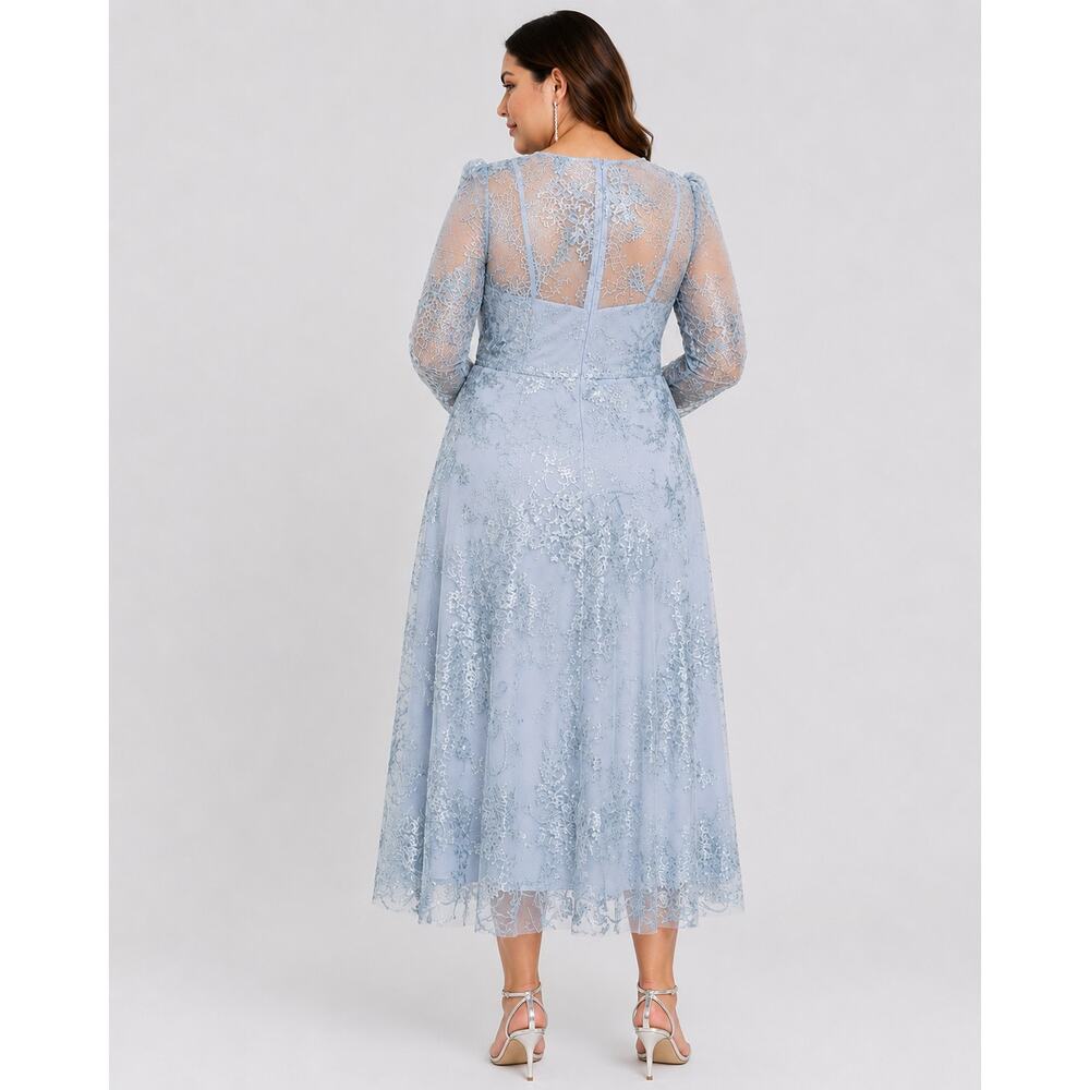 MAC DUGGAL Dress NEW Plus 24 Blue Lace Illusion Modest Midi Tea Length Embroider - Picture 5 of 10